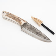 Yılan Gravür İşlemeli El Yapımı Geyik Boynuzu Saplı Bıçak ve Ateş Çubuğu Seti | N690 ÇELİK