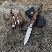 El Yapımı Katlanabilir Ketezli Çakı | Doğal Ceviz Kabze & Deri Kılıf