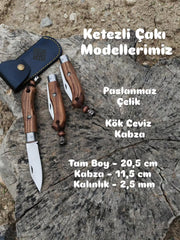 El Yapımı Katlanabilir Ketezli Çakı | Doğal Ceviz Kabze & Deri Kılıf