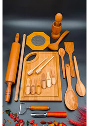 Tam Takım Ahşap Mutfak Çeyizi | Ahşap Kaşık, Merdane, Havanda Havan Set
